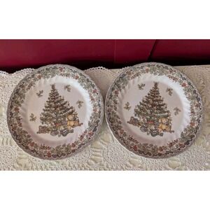 Vintage (2) QUEEN'S Myott Season's Greetings CHRISTMAS TREE DINNER PLATE 9.75"